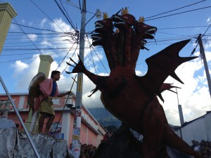 This skillfully crafted float showcases a life-sized seven-headed dragon from the book of Revelations.