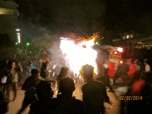 Up close to one of the bulls, a crowd of young men are dancing around the fireworks.
