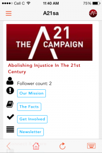 The home page of The A21 Campaign's Mxit app