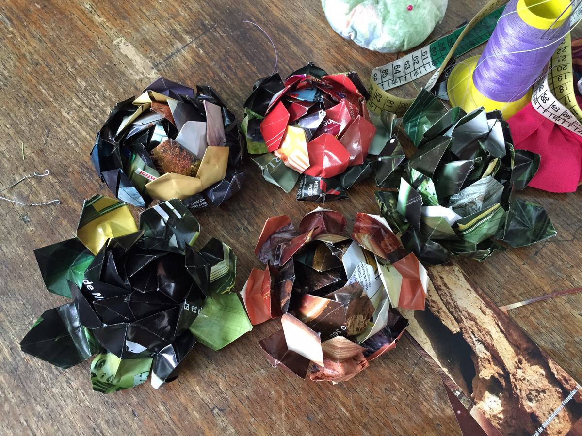 Lotus flowers made from recycled materials for an upcoming exhibit