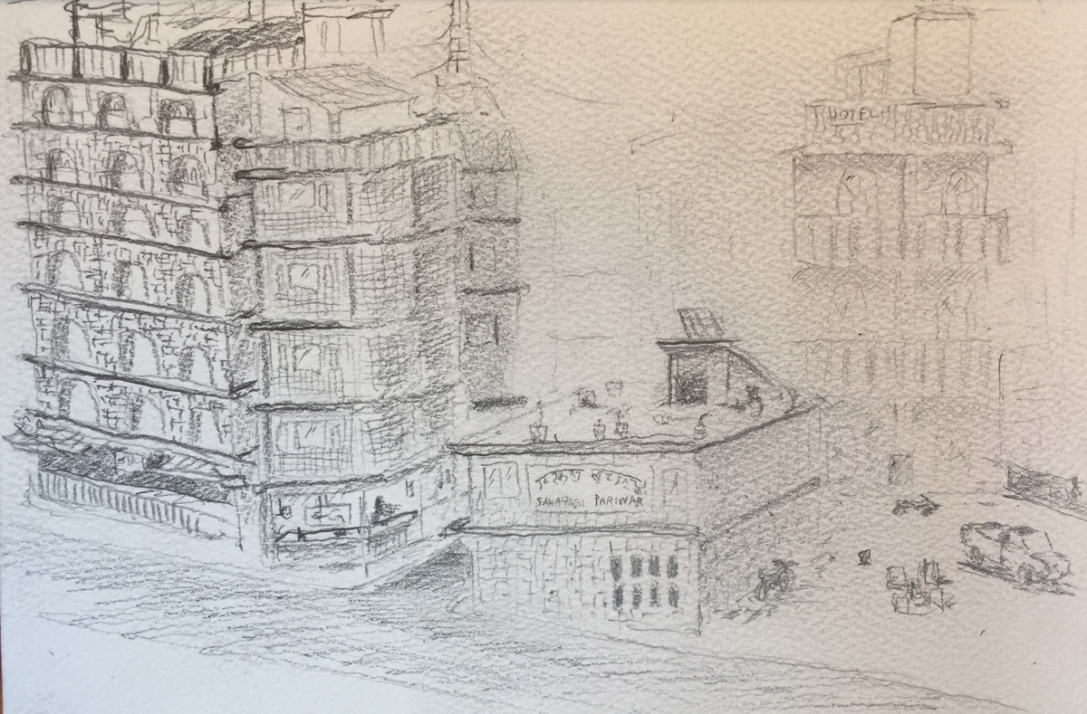 My sketch of the view from Hotel Prince Kathmandu.