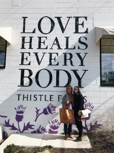 Visiting Thistle Farms with Kathy! Showing off our 2nd Story Goods bags of course. 