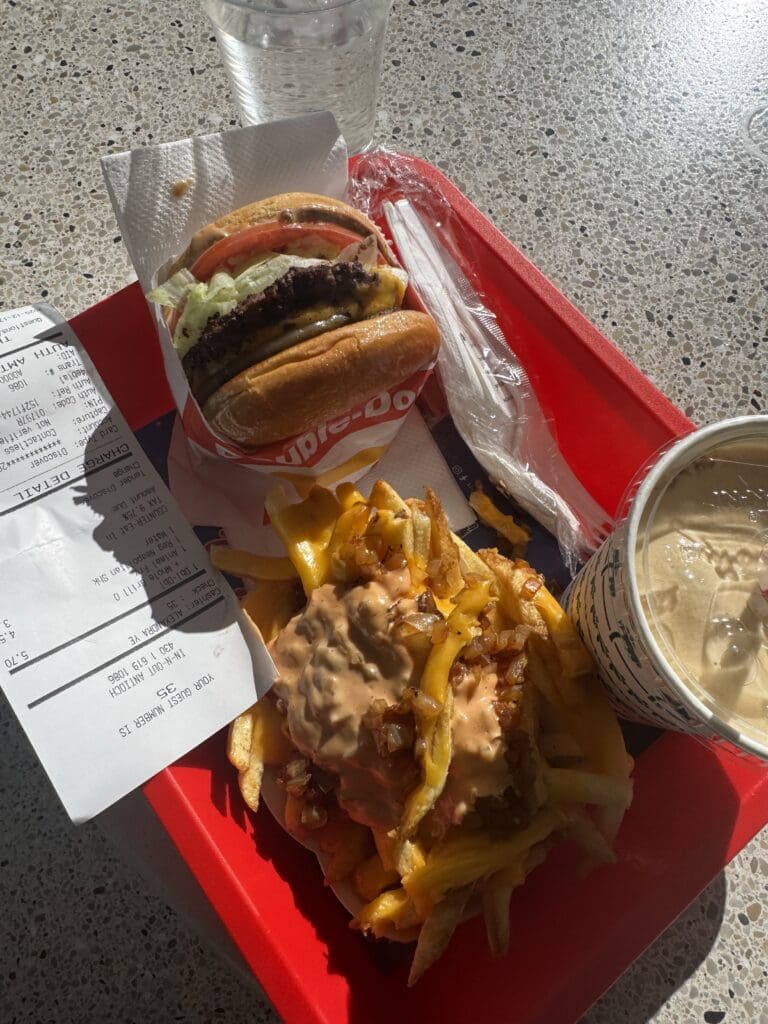 I tried In - N - Out Burger for the first time. There was not much of crowd not that it had been open for a few weeks. I thought the food was alright. I have had better burgers.